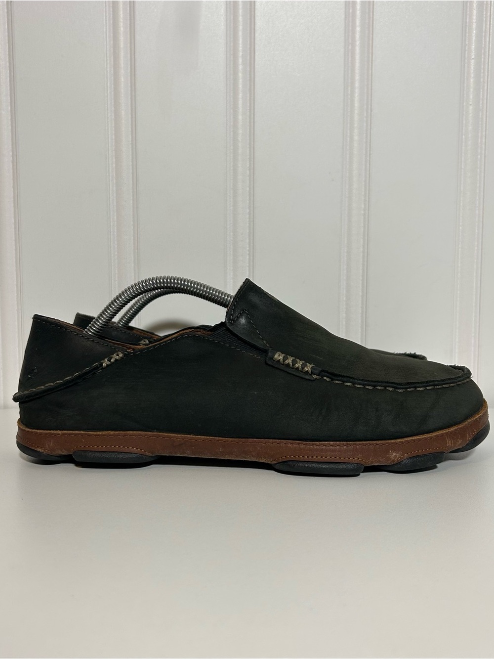 Olukai Moloa Black Leather Slip-On Loafer with Brown Trim